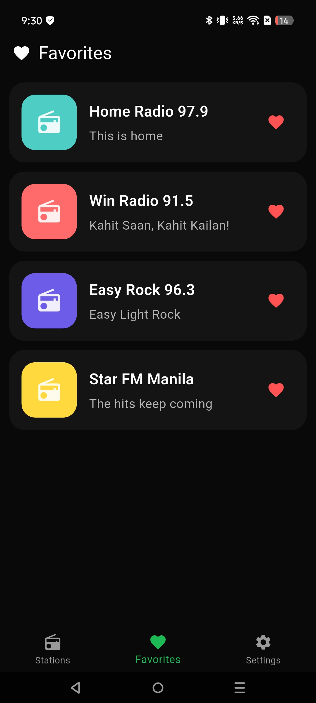 Favorites tab with saved stations