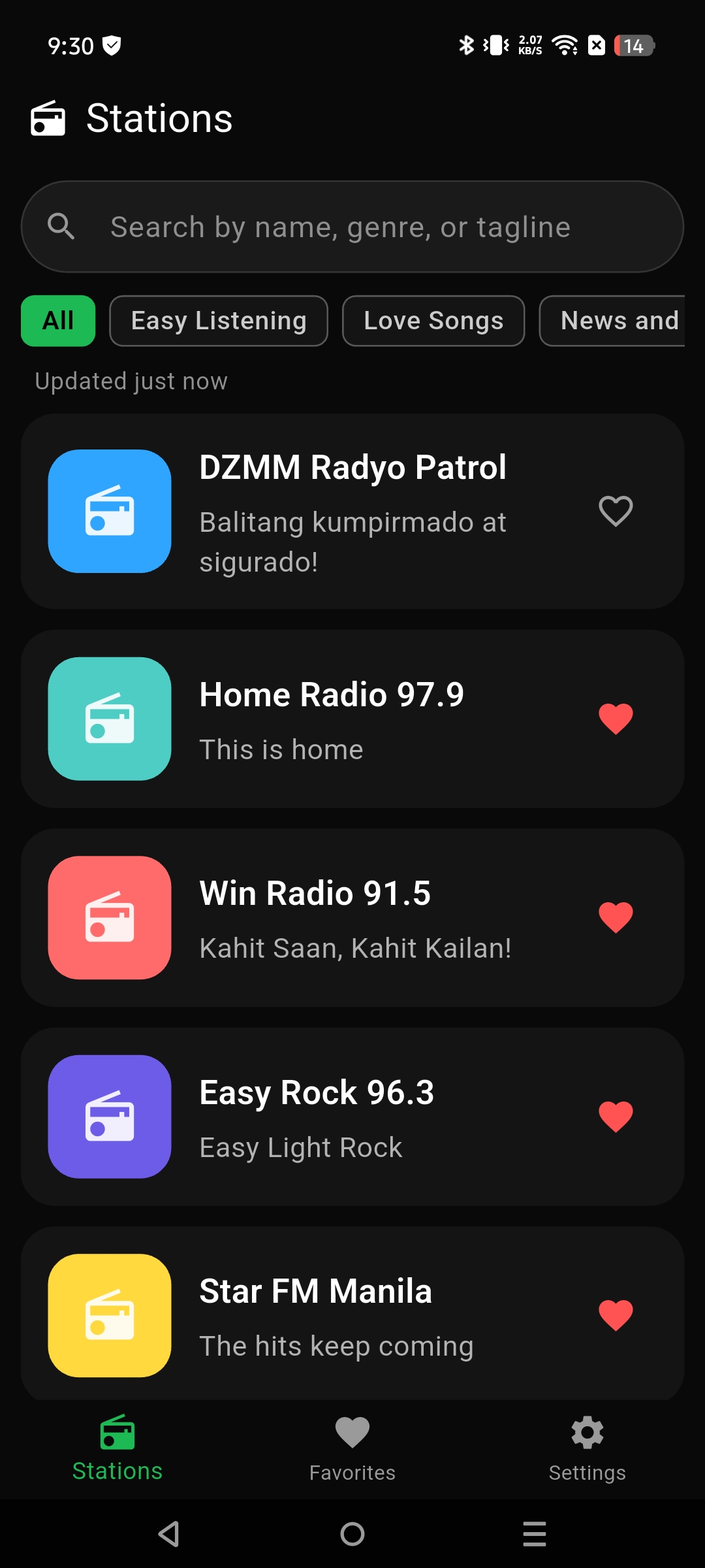 Pinoy Radio Stream station list with search, genre filters, and mini player